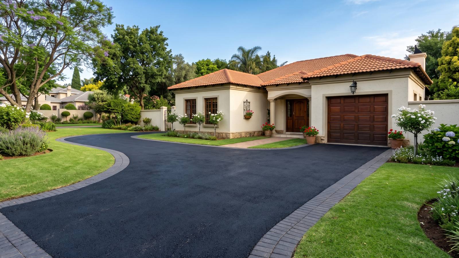 Freshly rolled black tar surfacing on a curved Johannesburg driveway with a brick-paved border, leading to a Tuscan-style home.